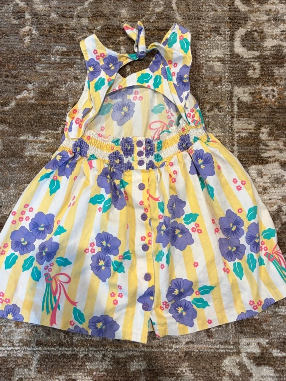 Vintage Gymboree Girls Yellow Stripe Dress with Purple Floral Print Size Large